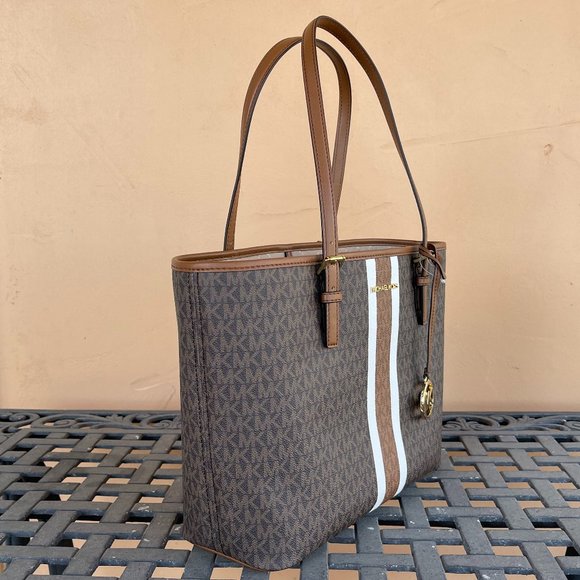 Michael Kors Jet Set Travel MD Carryall Shoulder Tote Bag Center Stripe MK Brown - Picture 3 of 11